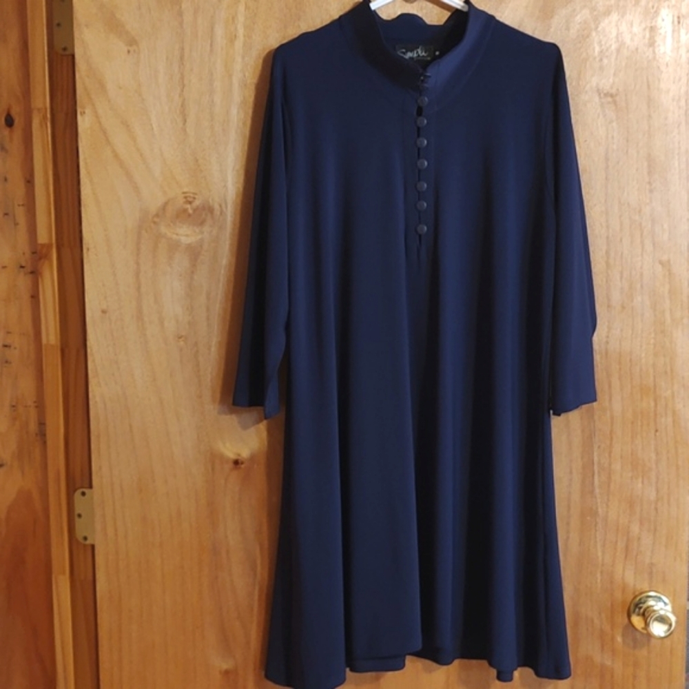 Sympli Womens Lagenlook Quarter-Button Tunic Purple High Neck Stretch Size 18